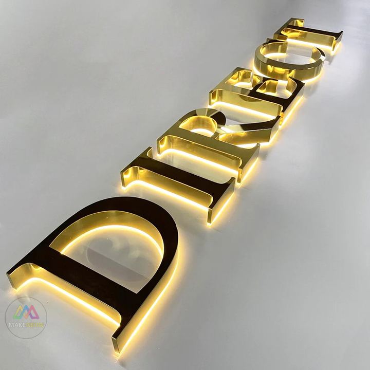 Personalized Logo 3D Metal Backlit Sign, Stainless Steel Logo Sign Gold Silver Letter For Business, Office, Interior, Beauty Shop, Salon, Storefront