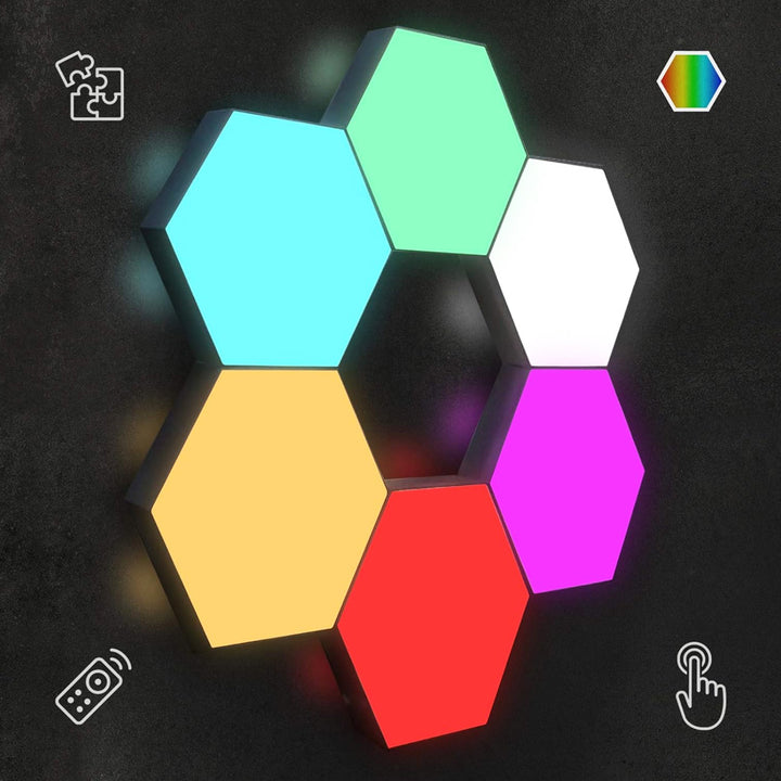 Hexagon LED Wall Lights Gaming Decoration RGB Remote/Touch Controlled - Pack of 6