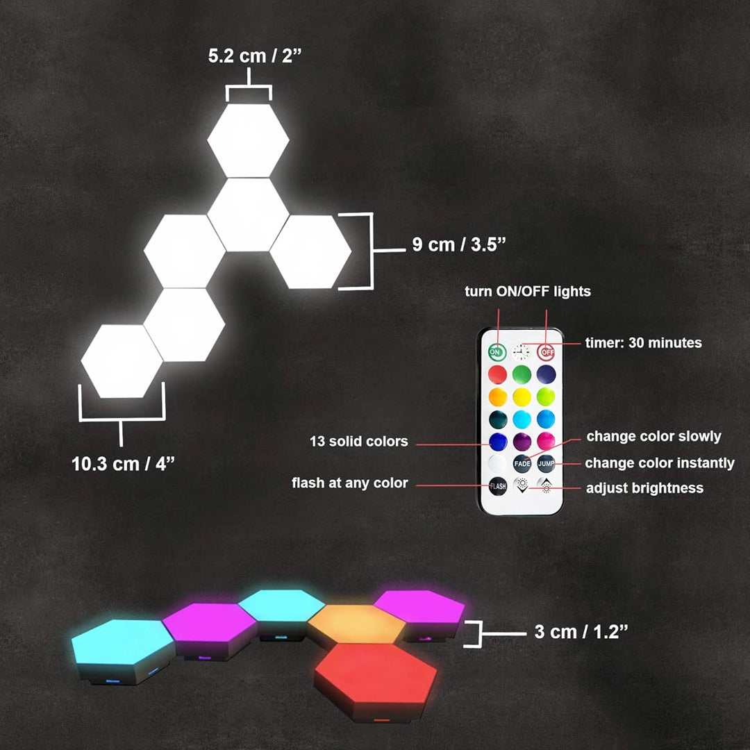 Hexagon LED Wall Lights Gaming Decoration RGB Remote/Touch Controlled - Pack of 6