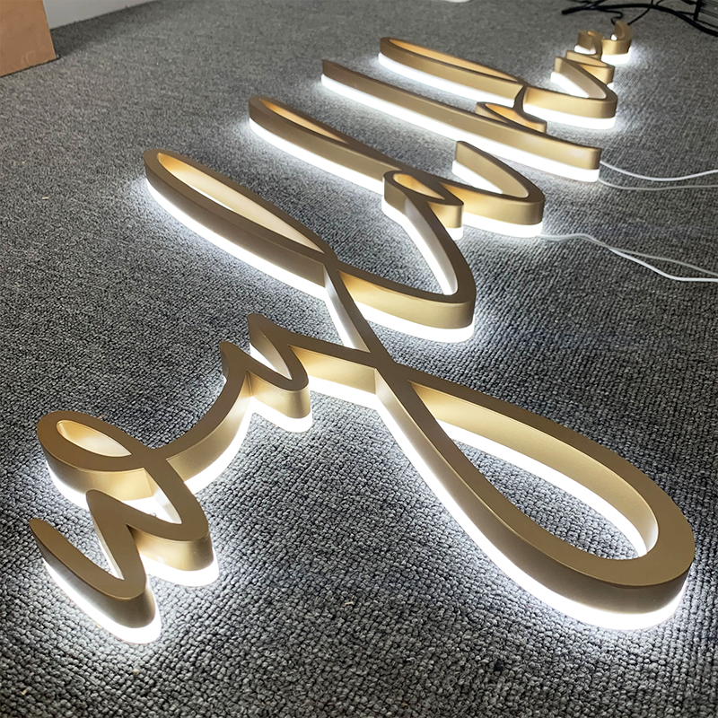 3D Metal Backlit Channel Letters Sign, Gold Stainless Steel Logo Sign For Business, Interior, Storefront