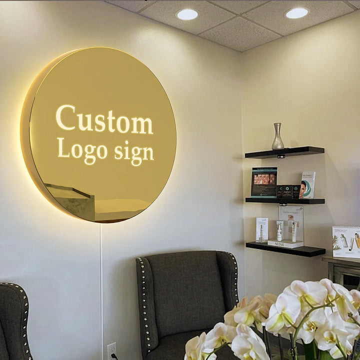 Gold Metal Backlit Sign - Custom Logo Round Light Box For Business