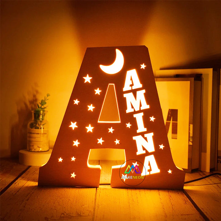 Personalized Moon Stars Name Sign, Light Up Letter Nightlight, Engraved Wood Sign