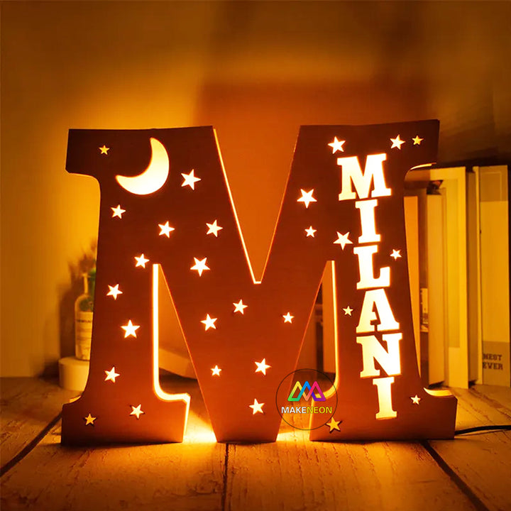 Personalized Moon Stars Name Sign, Light Up Letter Nightlight, Engraved Wood Sign