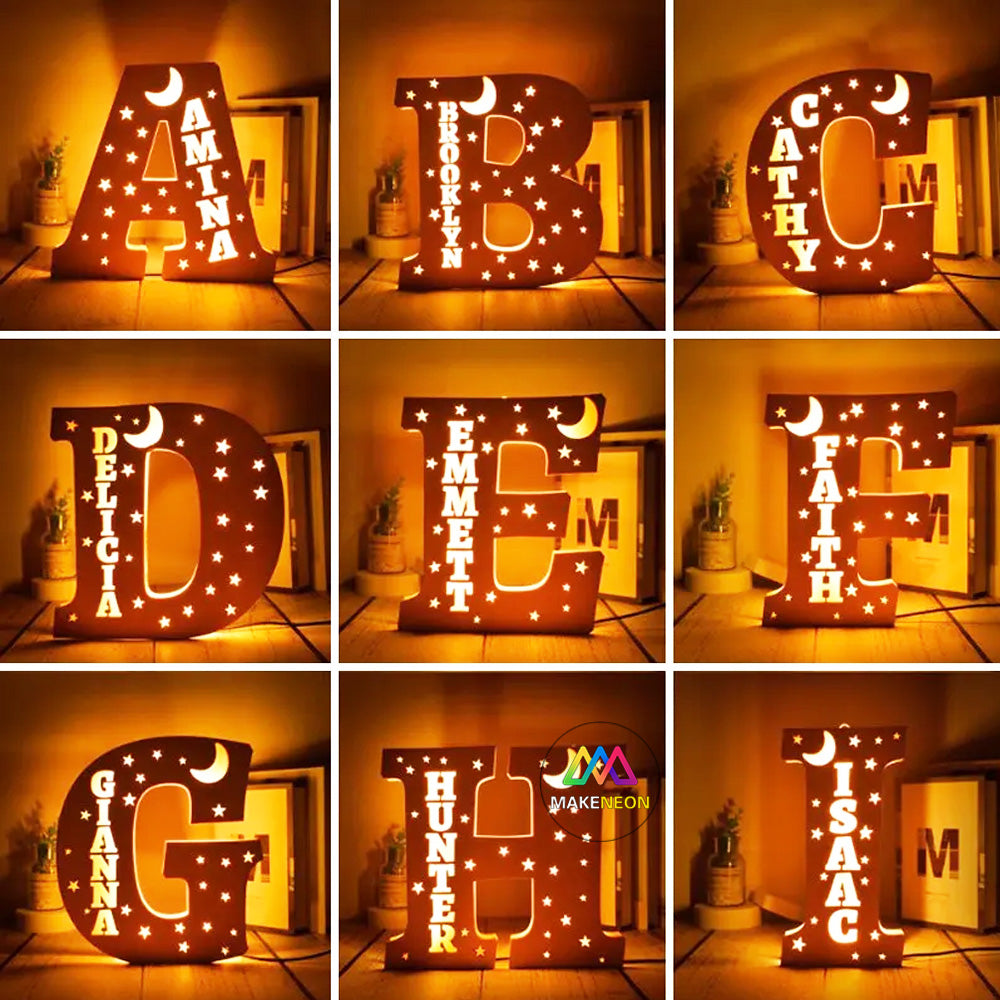 Personalized Moon Stars Name Sign, Light Up Letter Nightlight, Engraved Wood Sign