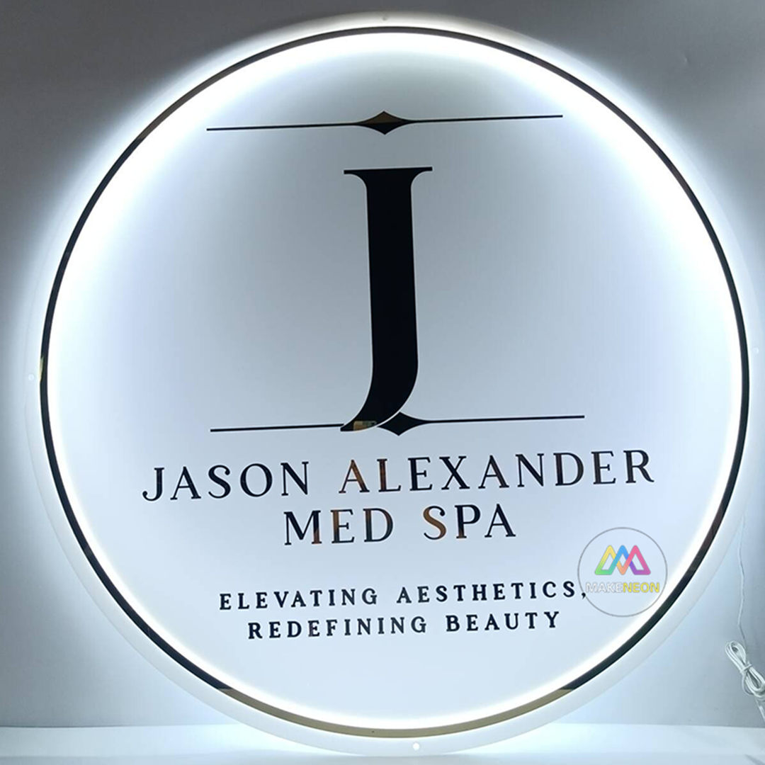 Custom Acrylic Backlit Sign with Golden Lettering and Golden Edges, Custom White Acrylic Round Sign for the Business