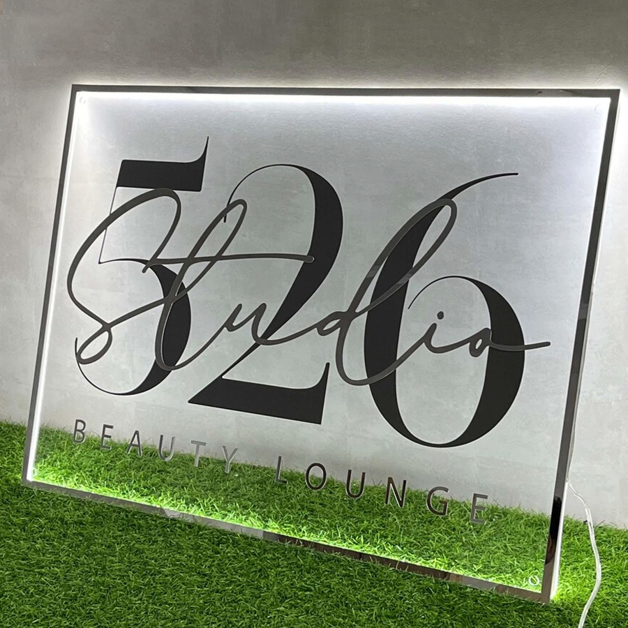 Personalized Clear Acrylic Business Sign with Metal Letters and Metal Edges, Acrylic Backlit Sign For Space Decoration